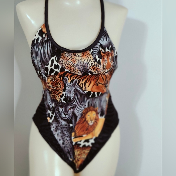 Vintage Other - Safari animals Vintage one piece Swimsuit leotard body suit Back Out 80s  S/M
